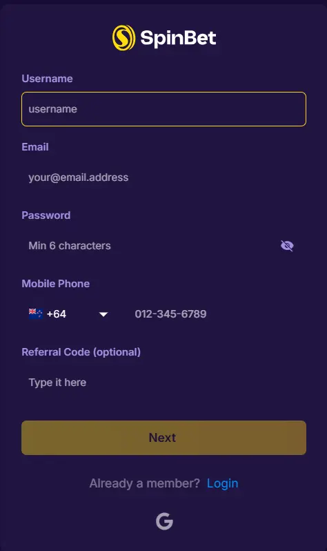SpinBet registration form pop-up. Users can sign up to create a new casino account.
