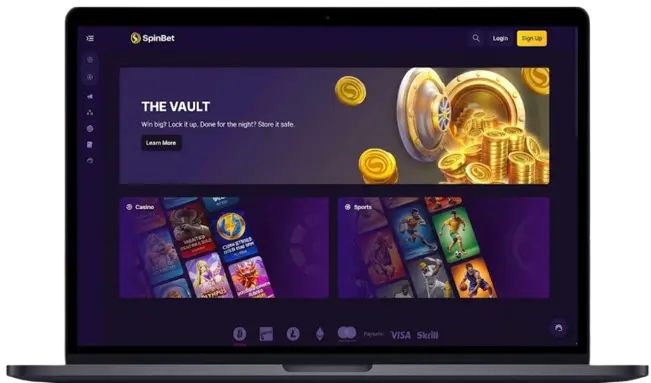 Laptop screen showing the SpinBet online casino desktop interface with promotions and game categories.