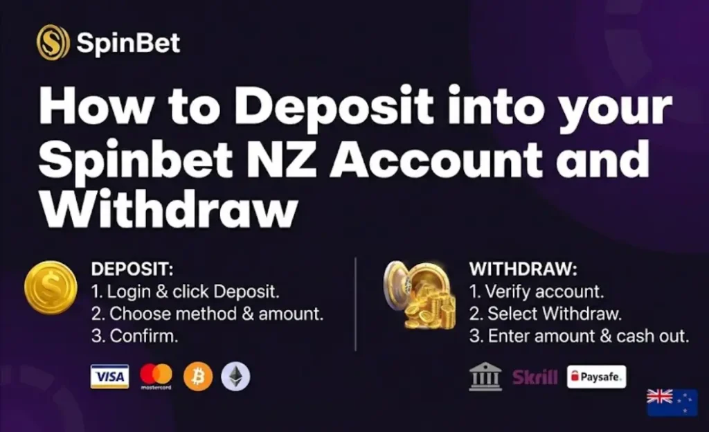 SpinBet NZ deposit and withdrawal instructions banner with payment icons.
