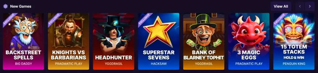 New games section in the casino lobby, highlighting exclusive and latest slot titles.