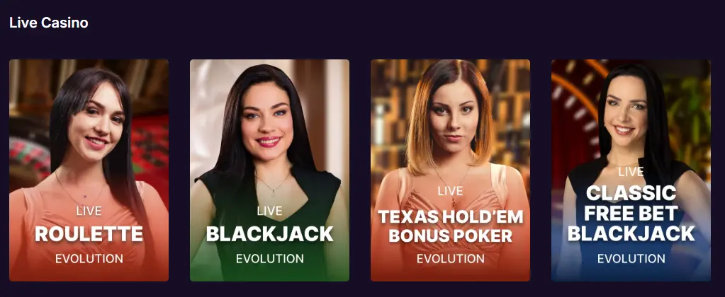 Live Casino section with real-time dealer games including Roulette and Blackjack from Evolution.
