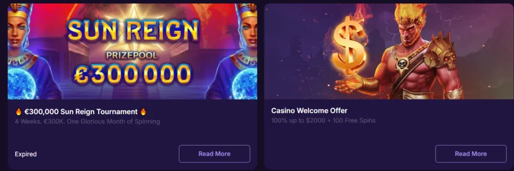 SpinBet promotions: Sun Reign Tournament and Casino Welcome Offer banners.