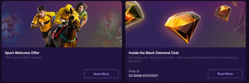 SpinBet sports welcome offer and Black Diamond Club VIP promotions banners.