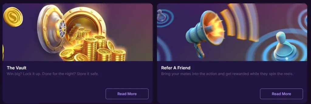 SpinBet banners for "The Vault" and "Refer A Friend" promotions, offering player rewards and bonuses.