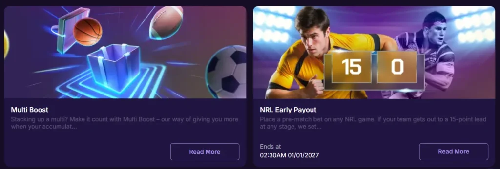 SpinBet sports betting promotions for Multi Boost and NRL Early Payout.