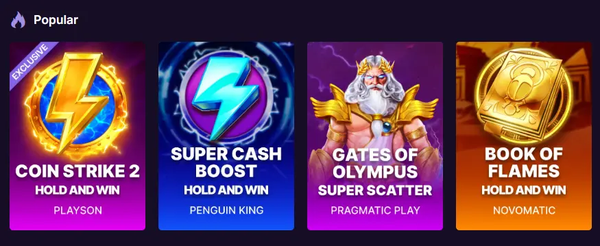 A selection of popular slot games in the casino lobby, highlighting currently trending titles.