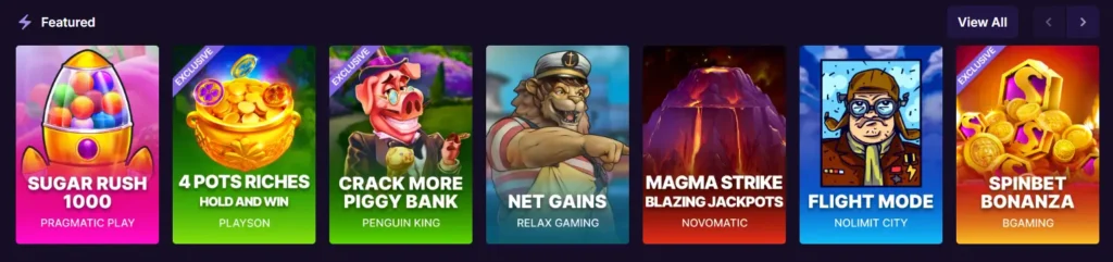 A selection of featured slot games in the casino lobby, highlighting top-rated and exclusive titles.