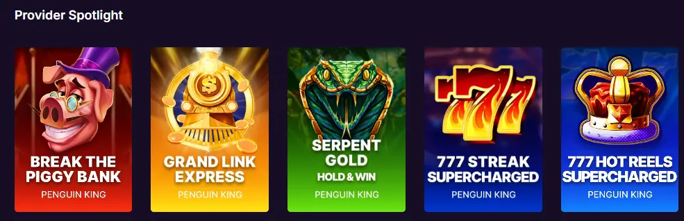 Casino lobby section highlighting slot games from the provider Penguin King.