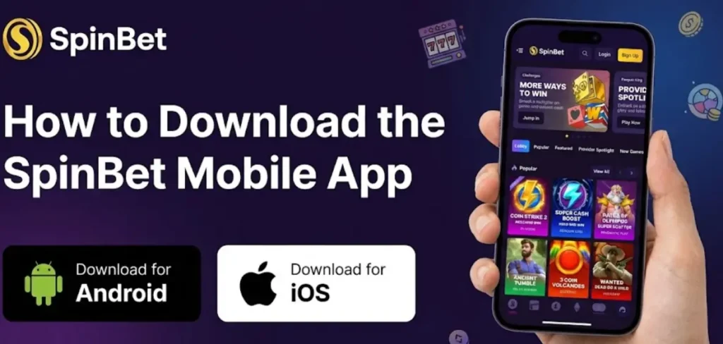 Banner for downloading the SpinBet mobile app for Android and iOS, showing the app on a phone.