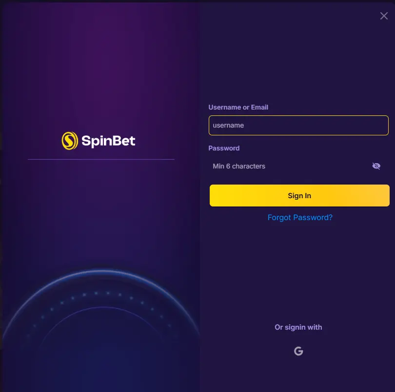 SpinBet casino login pop-up window with username and password fields.