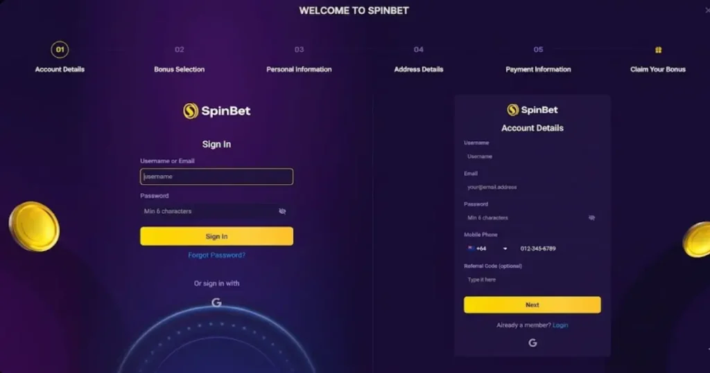 SpinBet login and sign-up forms for NZ players, showing the multi-step registration process.