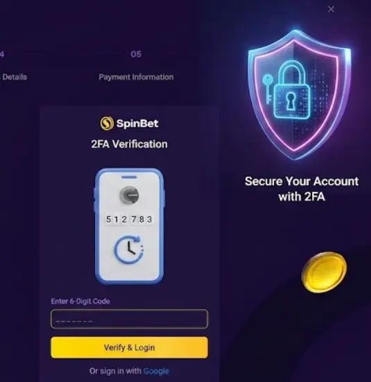 SpinBet 2FA verification screen showing secure login steps for enhanced account protection.