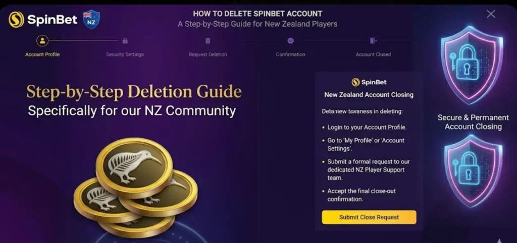 SpinBet account deletion guide for NZ players, explaining secure closing steps and support info.