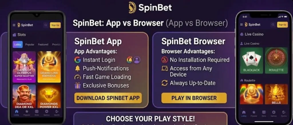 Comparison of SpinBet App and Browser features to help users choose their preferred gaming method.